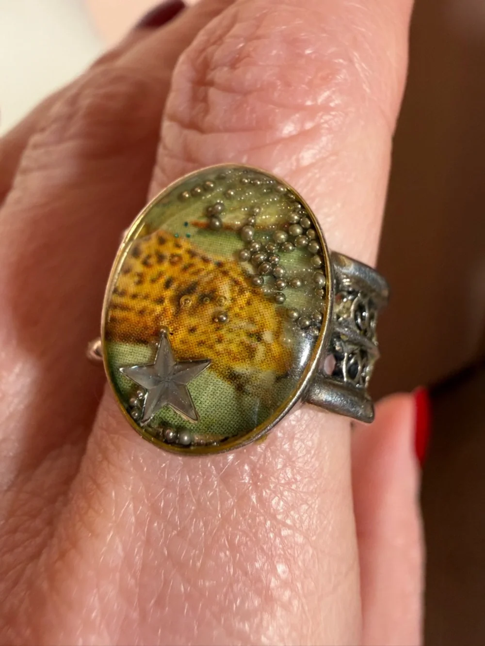 Vintage Sterling silver cheetah panther southwestern Boho Wide signet Ring 7 1/2